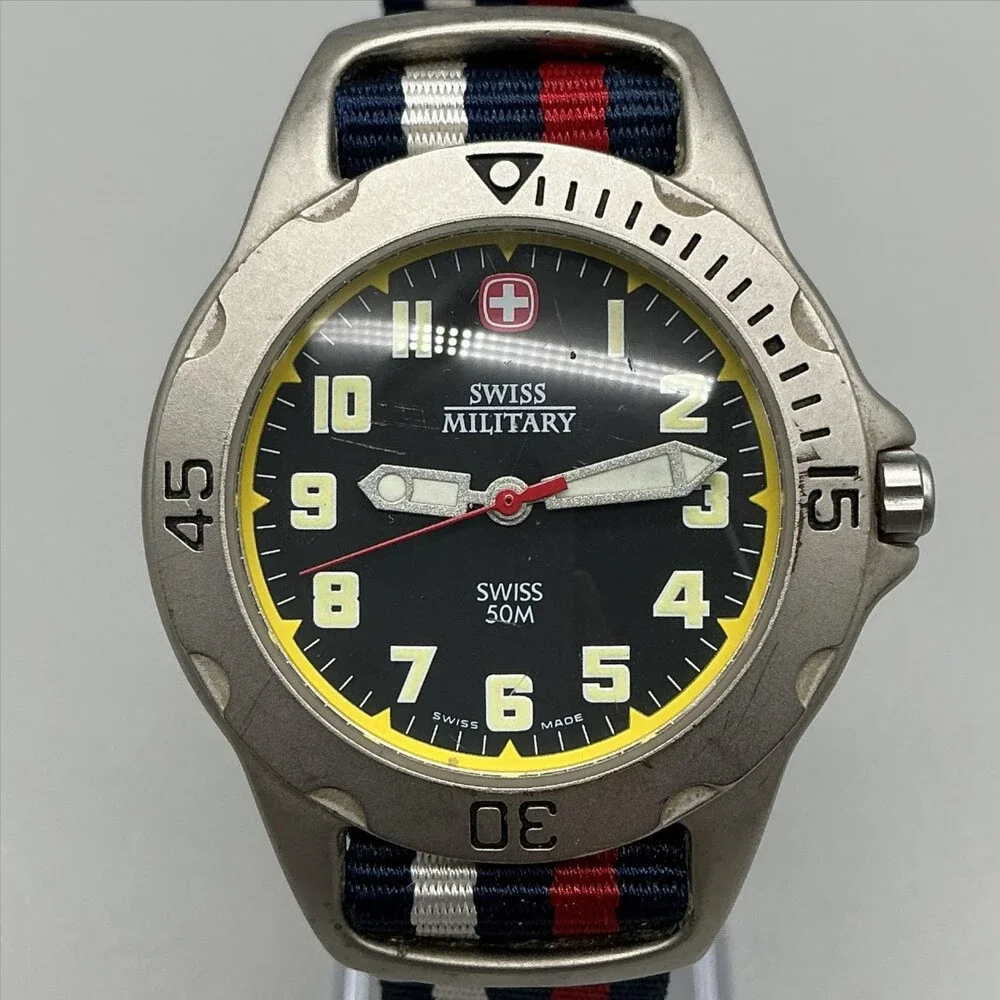 Swiss Military Mens Watch 38mm Black Dial Silver Tone 092.1097 New Battery